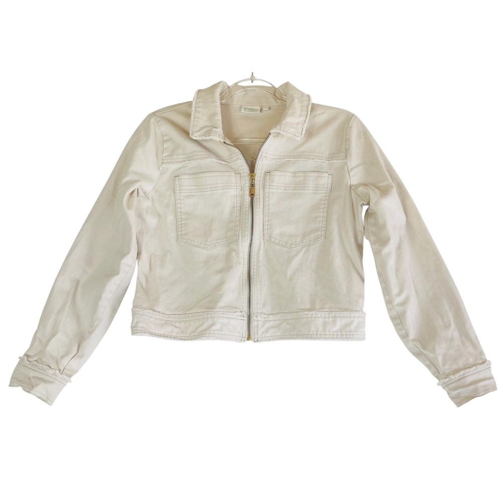 Spartina 449 Blake Jacket Women Small Sand Denim Frayed Hem Utility Coastal